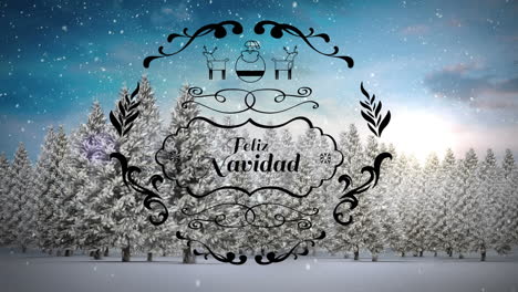 animación de texto de feliz navidad sobre nieve cayendo y paisaje de invierno