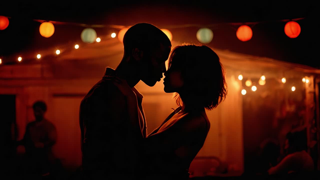 Intimate Moments in Soft Glow: A Captivating Encounter Between Two Souls at a Vibrant Night Gathering Under Romantic Lights