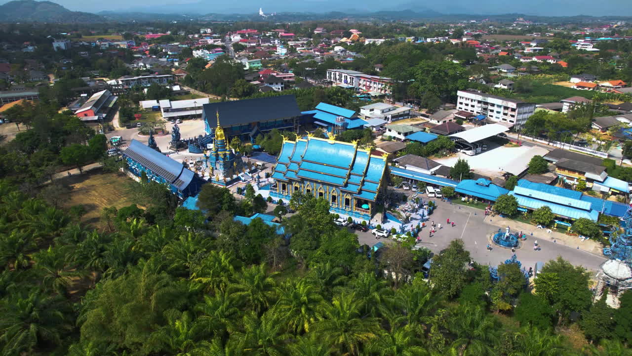 Aerial view around the Blue temple (Wat Rong Suea Ten), in Chiang Rai, Thailand