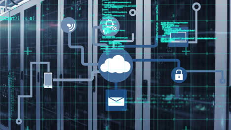 animazione di icone cloud e elaborazione dei dati su server informatici.