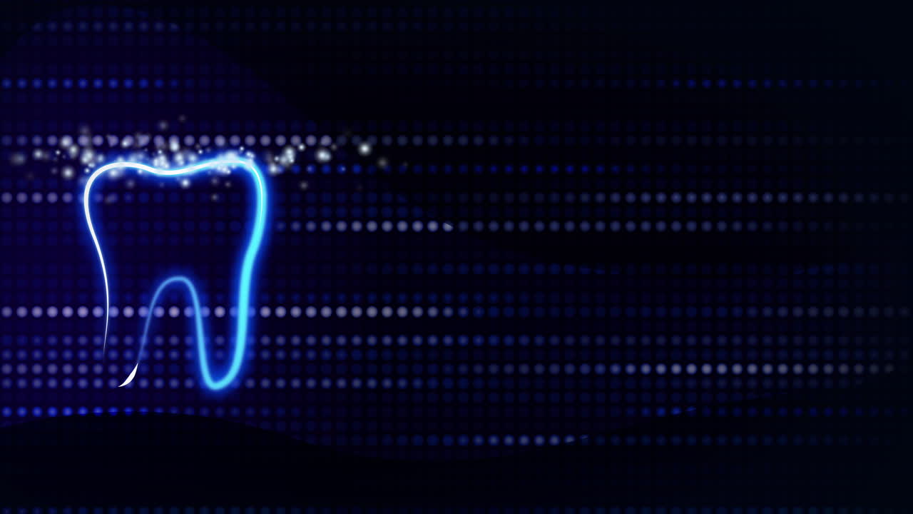 Bright glowing neon tooth icon. Animated dental blue background with tiny particles and lines made of diode pixels. Looped motion graphics. Copy space.