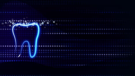bright glowing neon tooth icon. animated dental blue background with tiny particles and lines made of diode pixels. looped motion graphics. copy space.