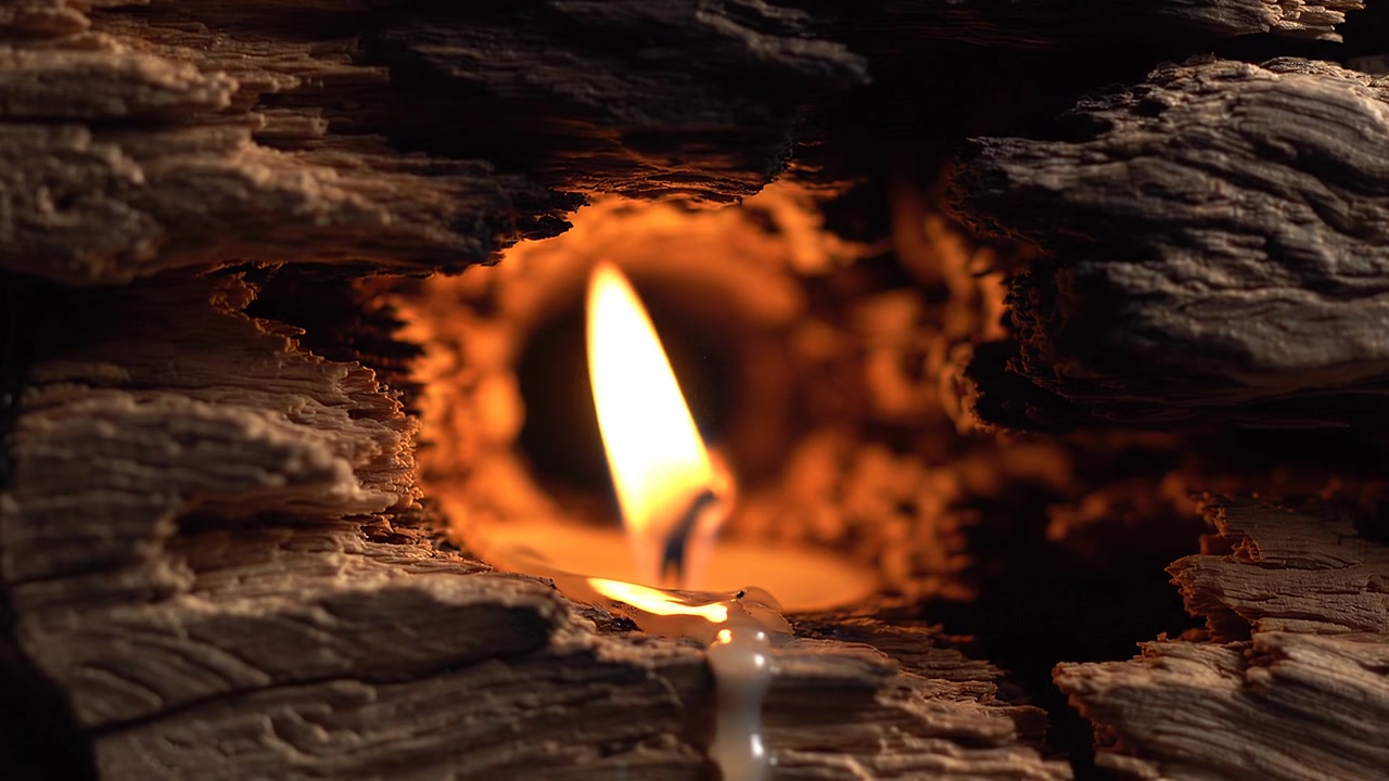 Calda fiamma di candela che brilla all'interno di un tronco cavo e stagionato