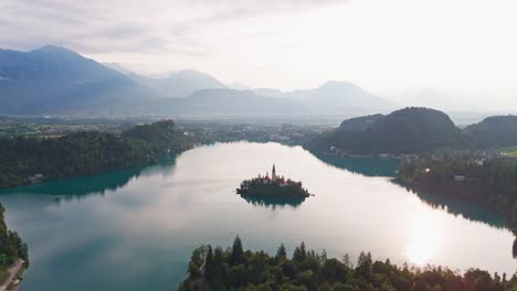 lake bled from above during sunrise