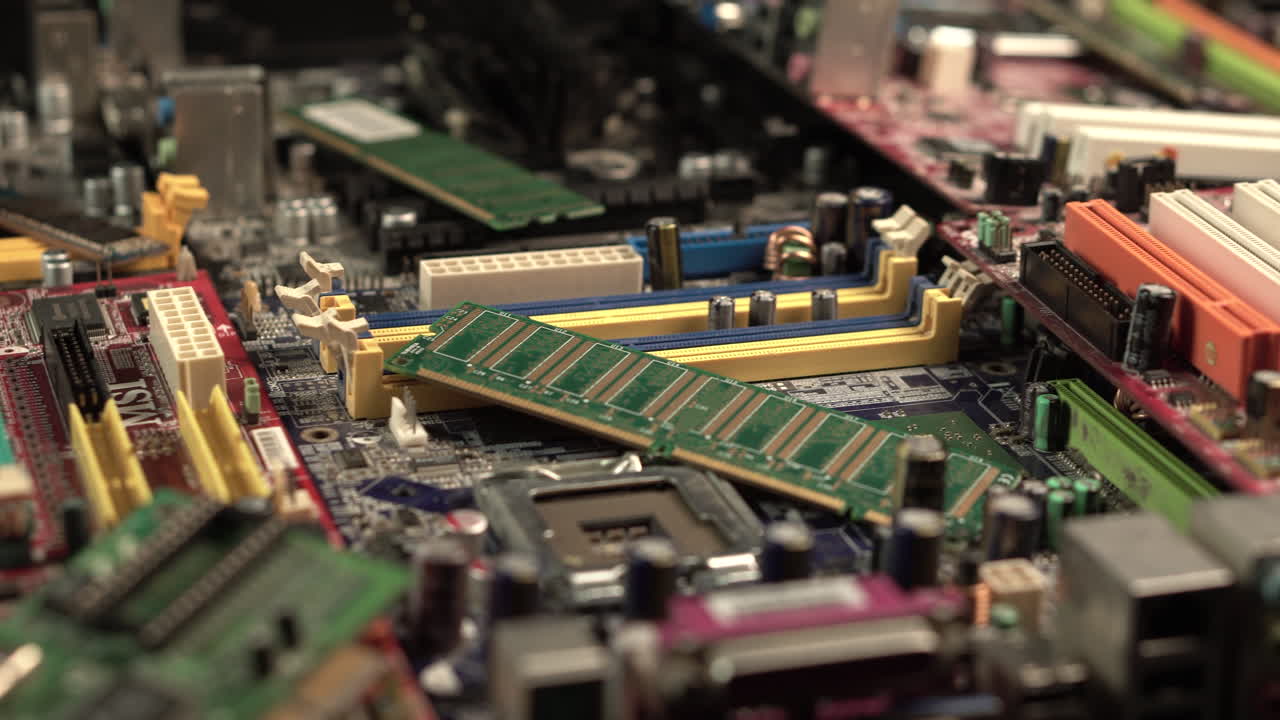 Old Computer Motherboards and Parts, Electronic Waste Close Up