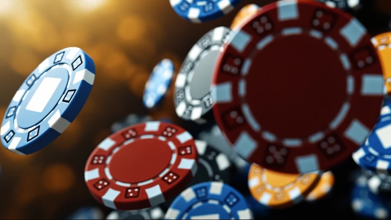 Chips flying in the air. Brightly colored casino chips are swirling and floating in the air, creating an exciting and dynamic atmosphere.
