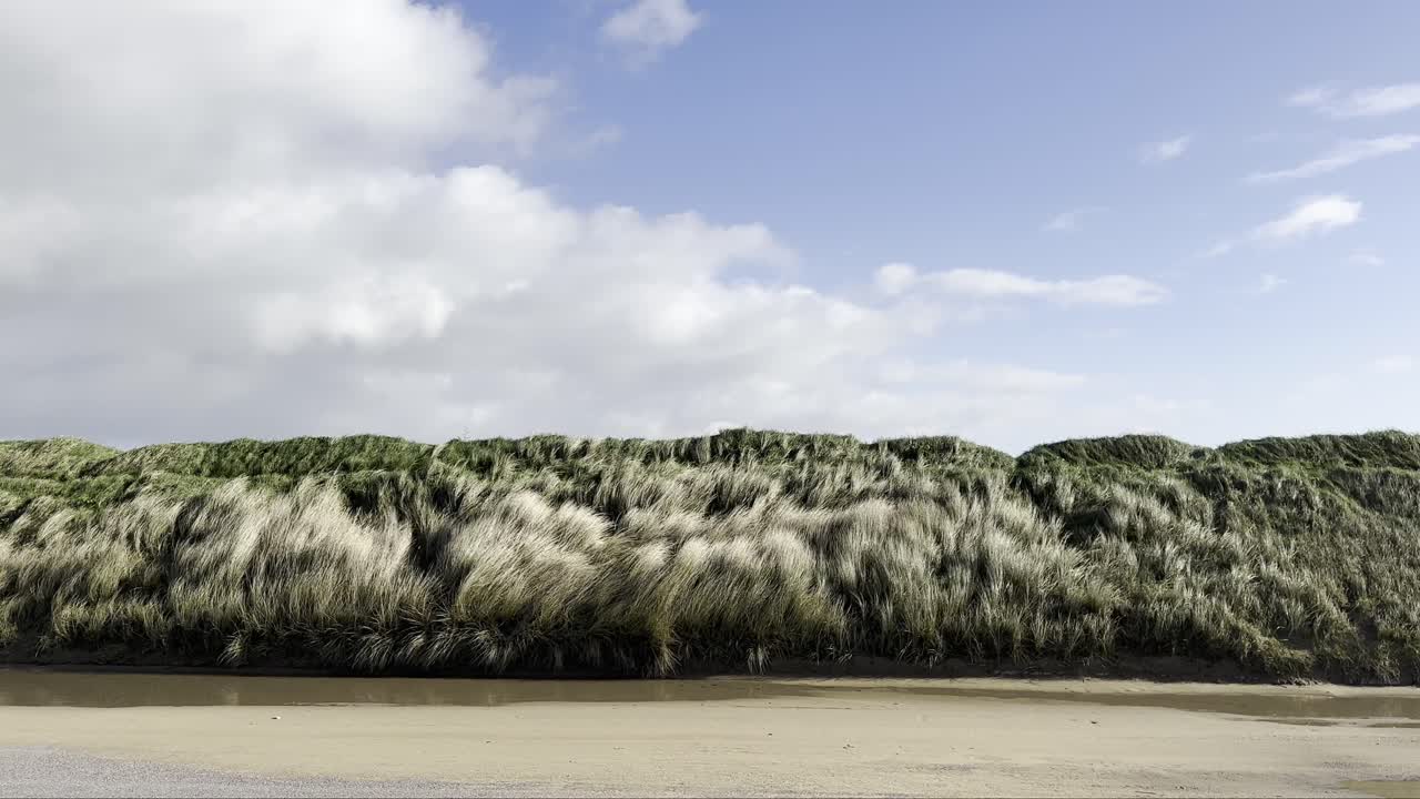 viento y arena en una carretera costera cerca de las dunas