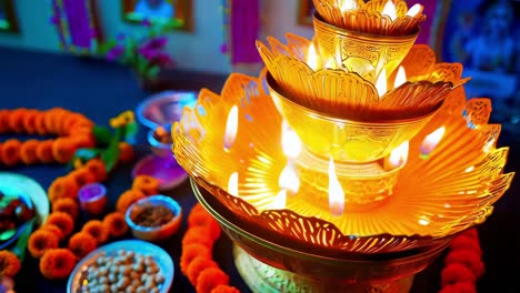 diwali celebration with decorative lamps and marigold flowers