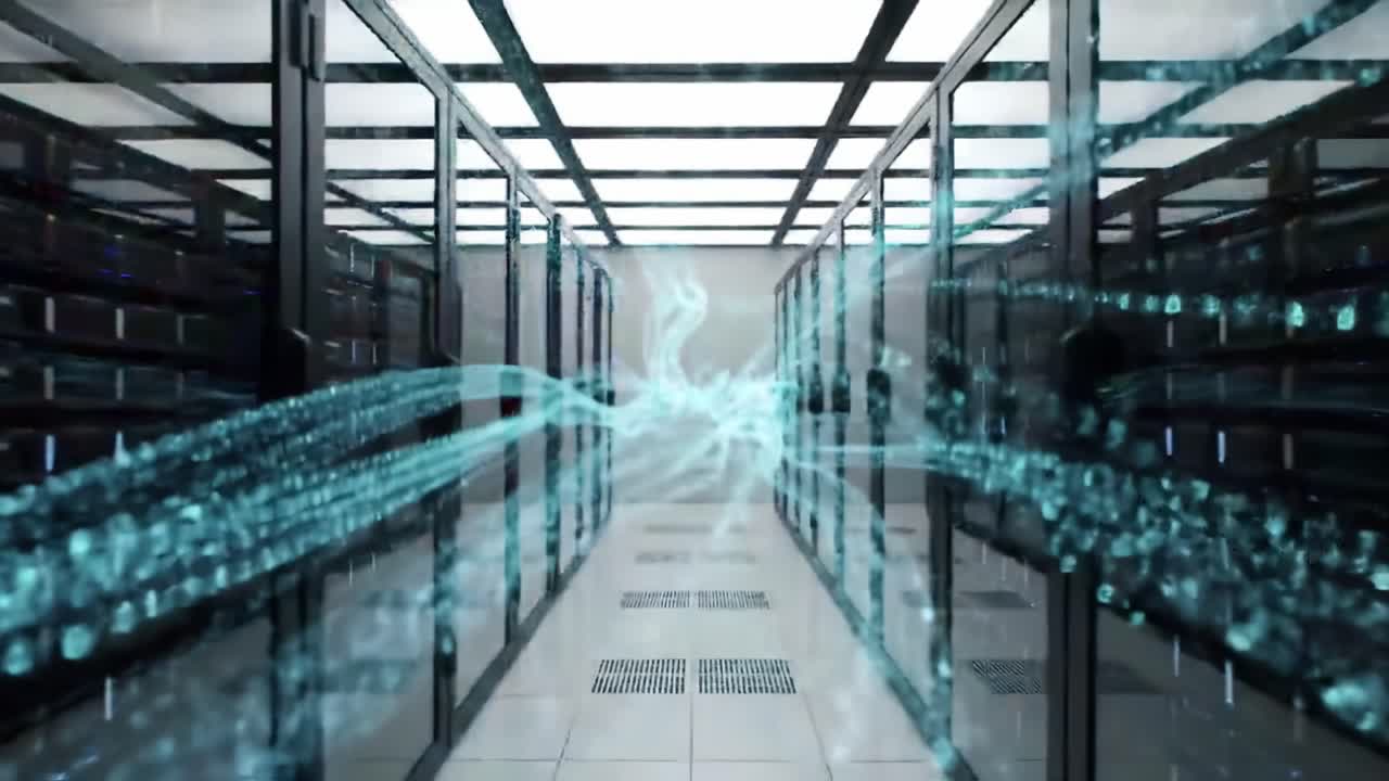 Inside a modern data center, rows of server racks are visible, while streams of digital data flow, illustrating cutting-edge technology in action. A glimpse into the future of data management.