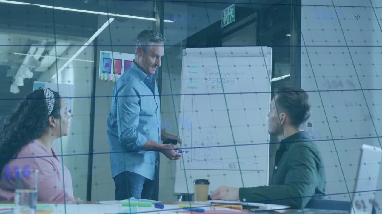Business meeting with man presenting on whiteboard, grid animation over office scene