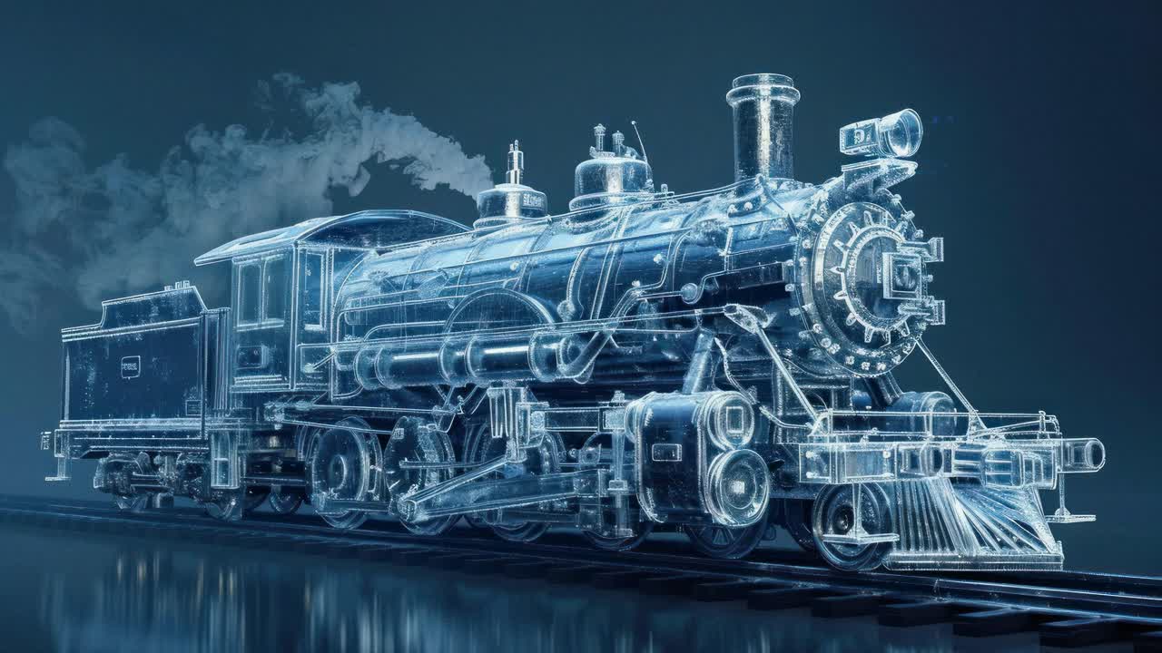 Low-angle video of a translucent ice train sculpture on snowy tracks, set against a dark, cloudy