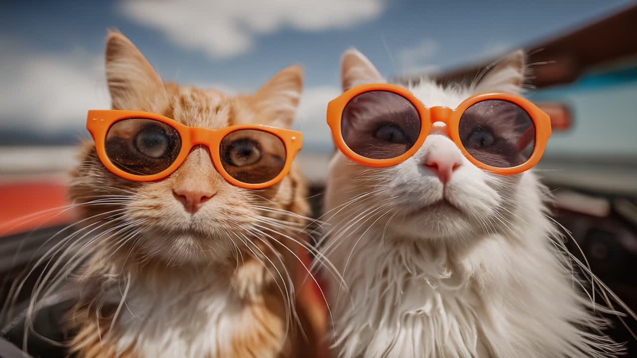 Dua Kucing Bergaya dengan Kacamata Hitam Menikmati Hari Cerah di Luar Ruangan, Memancarkan Keceriaan dan Kejenakaan dengan Kacamata Berwarna-warni dan Ekspresi Menawan Mereka