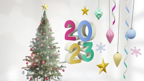 Animation-Von-2023-Text-Und-Weihnachtsbaum-Und-Dekorationen-Im-Hintergrund