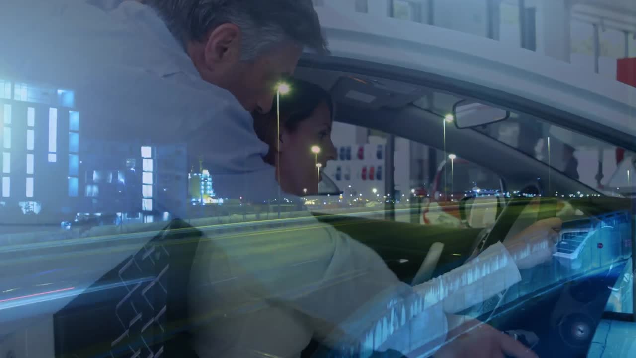 자동차를 구입하는 남자와 여자에 대한 도로 교통의 애니메이션