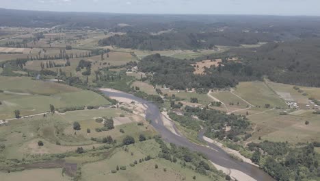 Aerial-wide-shot-of-a-litte-town-in-the-praire-with-a-river-in-Chile---Flat-Profile