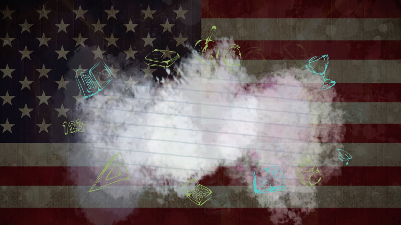 múltiples iconos de concepto escolar contra la bandera estadounidense en el fondo