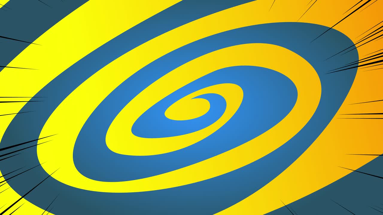 노란색, 파란색, 매혹적인 4k 배경 애니메이션, 만화책, 몽환적인 나선형 회전 운동.