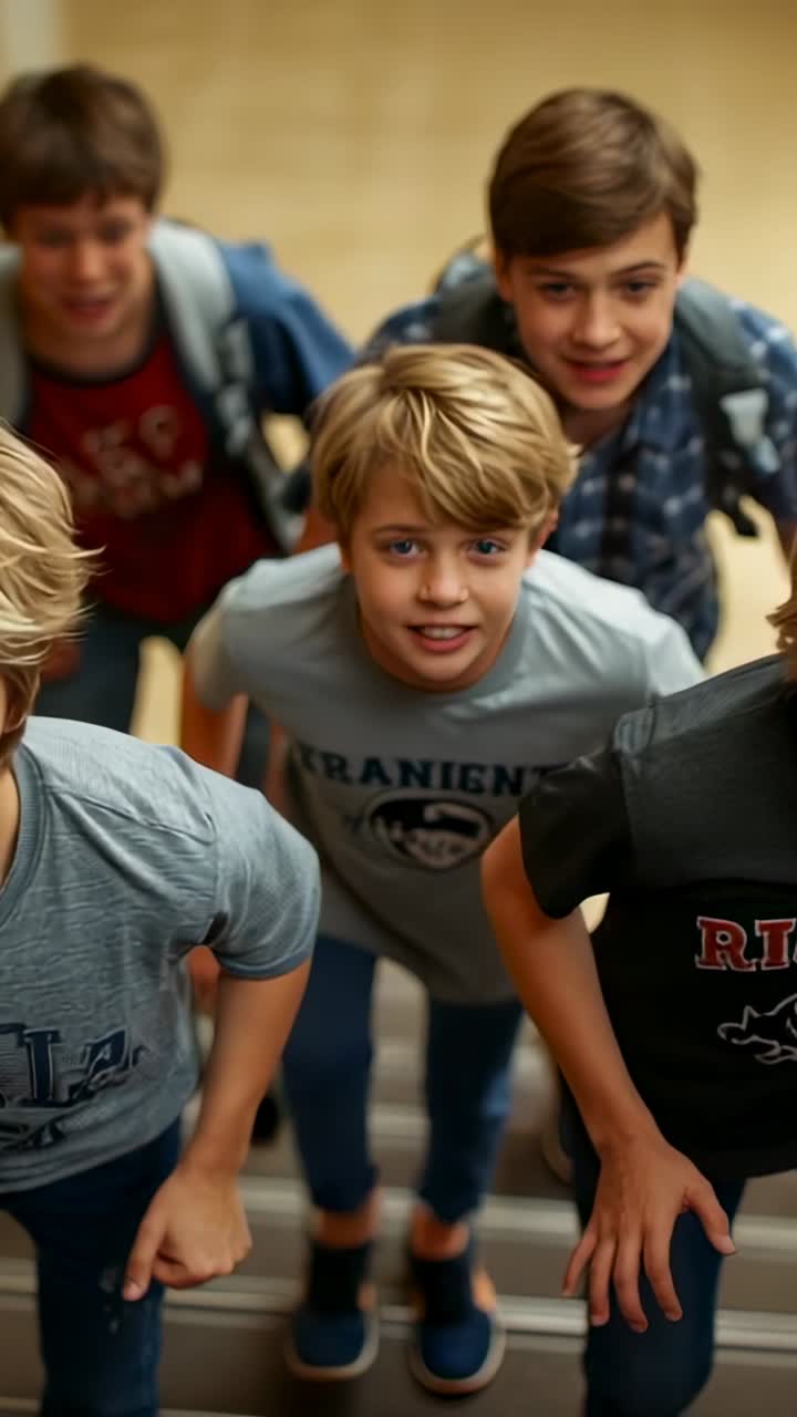 Vertical video: Climbing school staircase with backpacks, four boys racing up carpeted steps