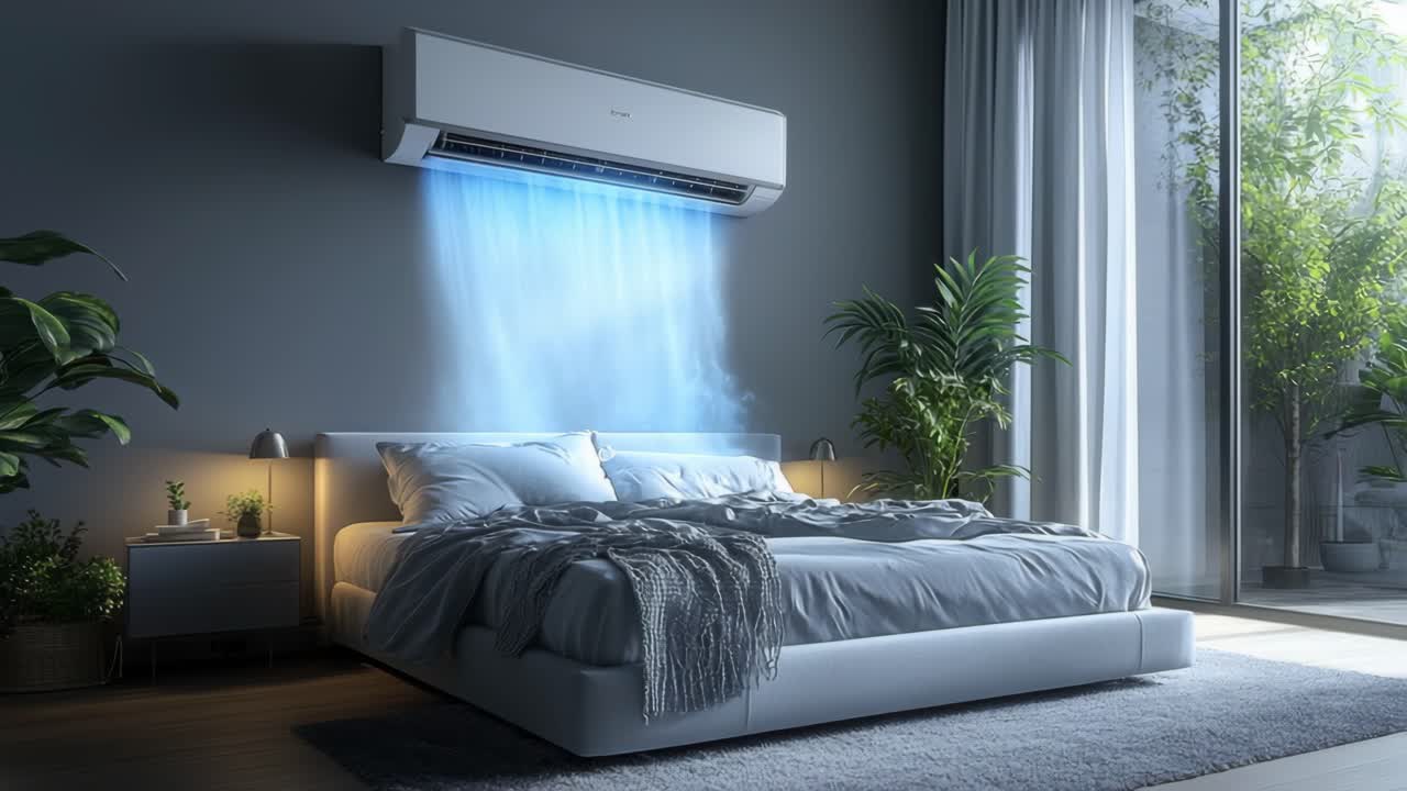 Contemporary bedroom with A/C. A contemporary bedroom featuring a stylish bed and an air conditioning unit that cools the space during daytime.