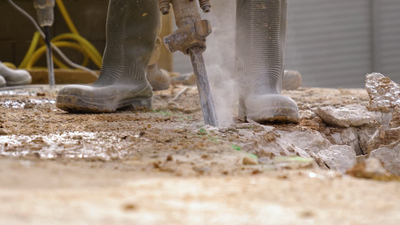Worker Using Pneumatic Hammer Concrete CloseUp Slowmotion