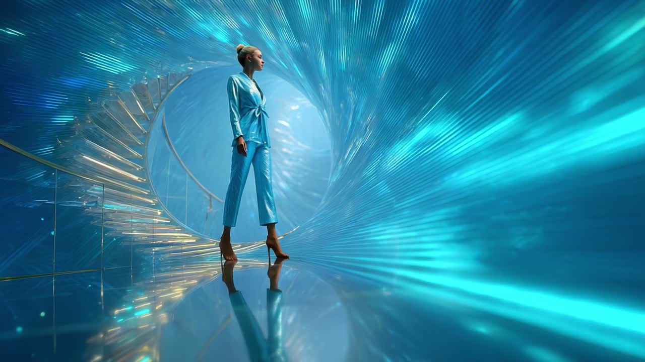 A captivating ethereal journey through a mesmerizing spiral tunnel, featuring a graceful figure dressed in shimmering blue attire, illuminated by radiant light patterns that evoke a sense of wonder and magic