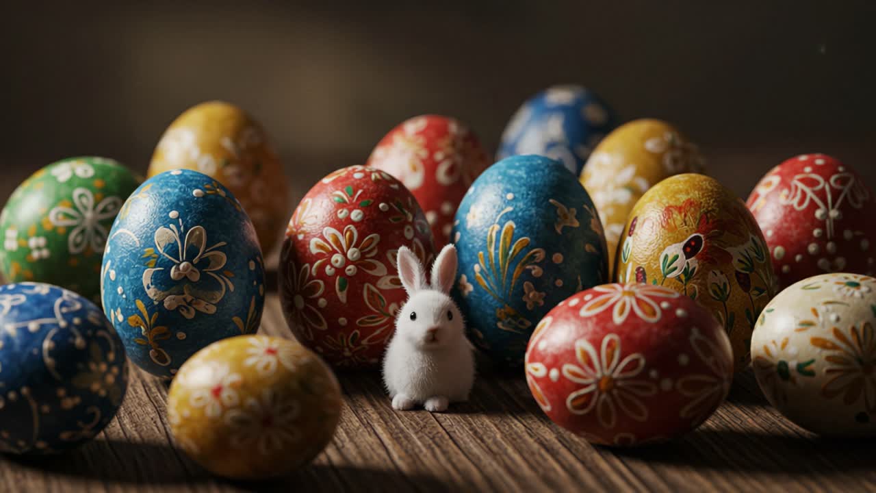 A Charming Scene Featuring a Cute White Bunny Sitting Amongst an Array of Beautifully Decorated Colorful Easter Eggs on a Rustic Wooden Surface