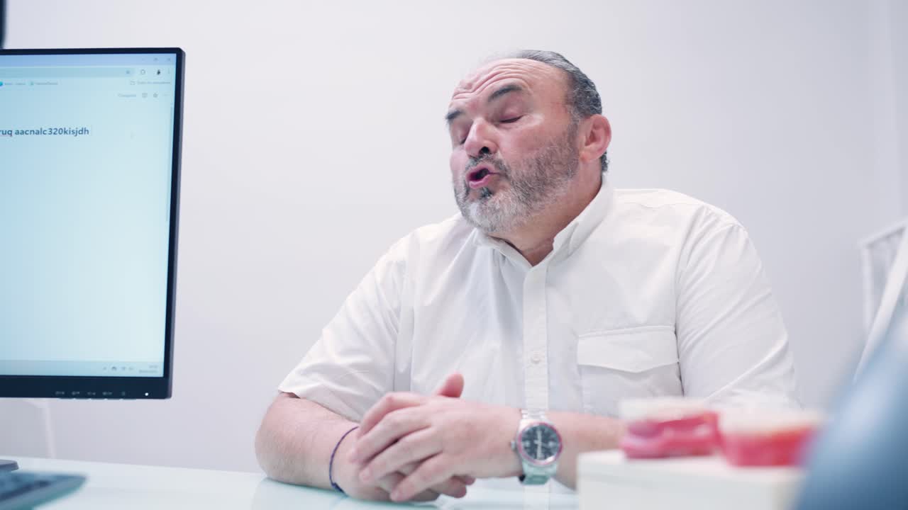 Un dentista seduto alla scrivania nel suo studio