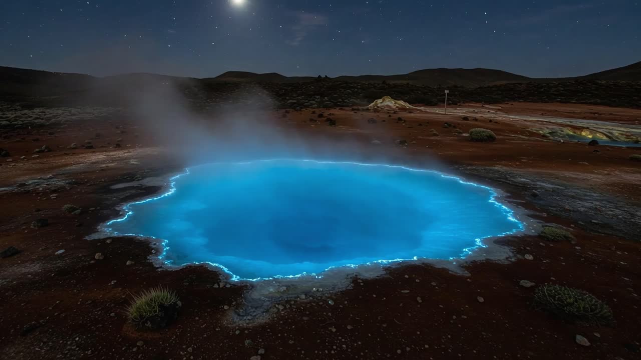A Mesmerizing Display of a Blue Geothermal Hot Spring Under a Starry Night Sky, Showcasing Vibrant Colors and Steam Rising from the Thermal Pool