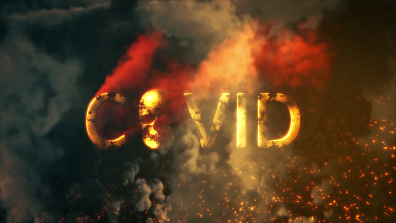 검은 연기에 불타는 두개골과 함께 텍스트 코비드 bg - 루프 비디오