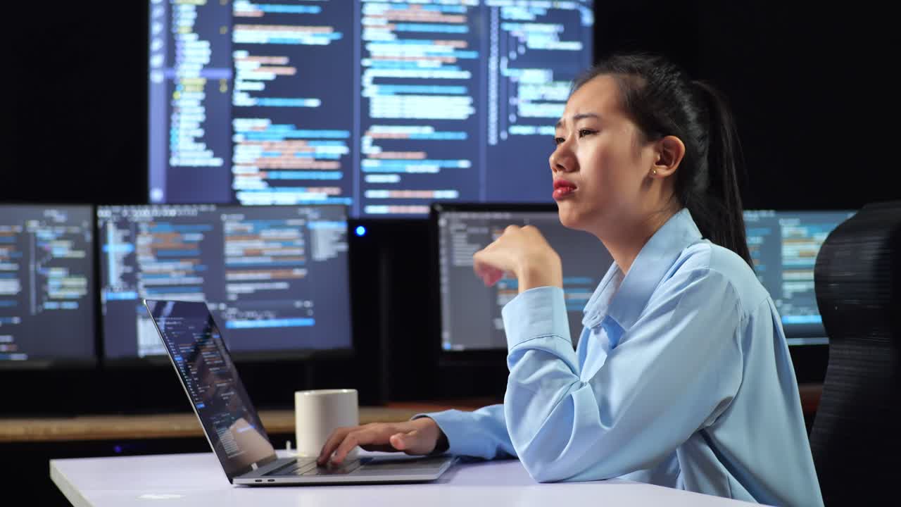 아시아 여성 프로그래머가 여러 모니터를 사용하여 노트북으로 코드를 작성하는 동안 무언가에 대해 생각하고 사무실의 터미널 창 데스크에서 데이터베이스를 보여줍니다.