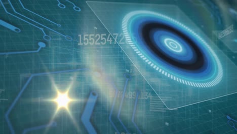 Animation-of-changing-numbers-and-light-spot-against-round-scanner-and-microprocessor-connections