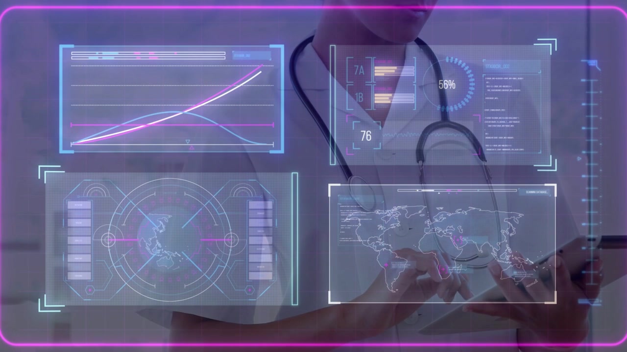 Clinician tapping tablet in clinic, updating HUD with chart, progress, radar, map for monitoring