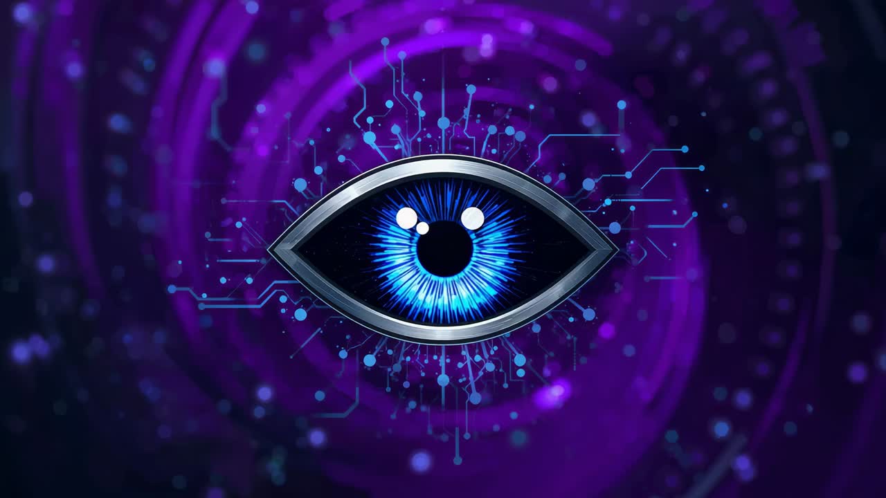 Focusing cyber eye powering as animation starts in purple vortex, neon circuits and nodes extending