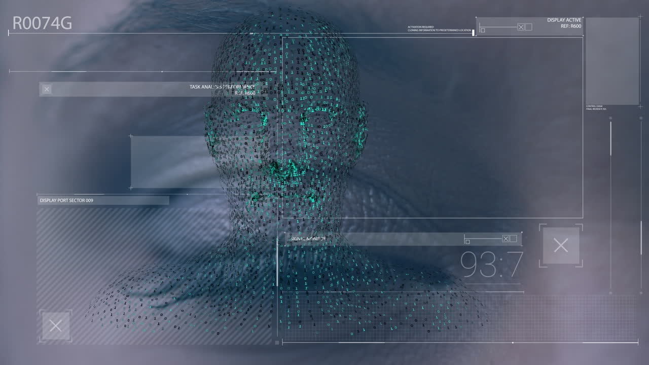 animación de humano digital y procesamiento de datos sobre el ojo de una mujer caucásica