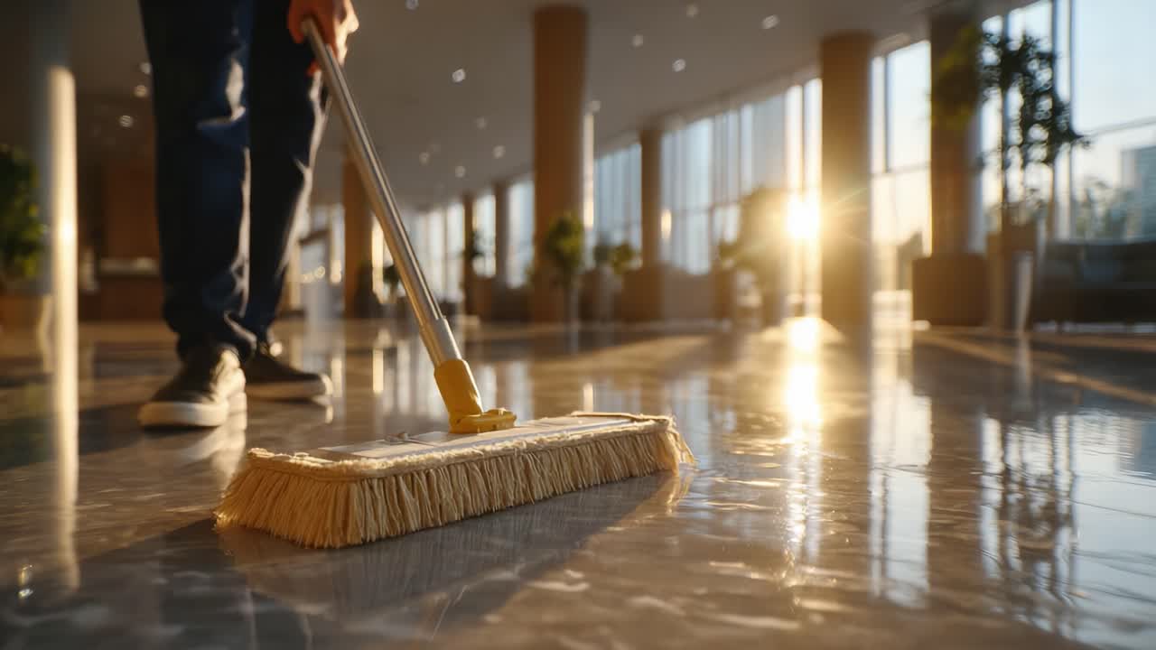 Illuminated Cleaning Process in a Modern Building: A Worker Sweeps the Shiny Floor, Capturing the Glare of Sunlight Through Expansive Windows