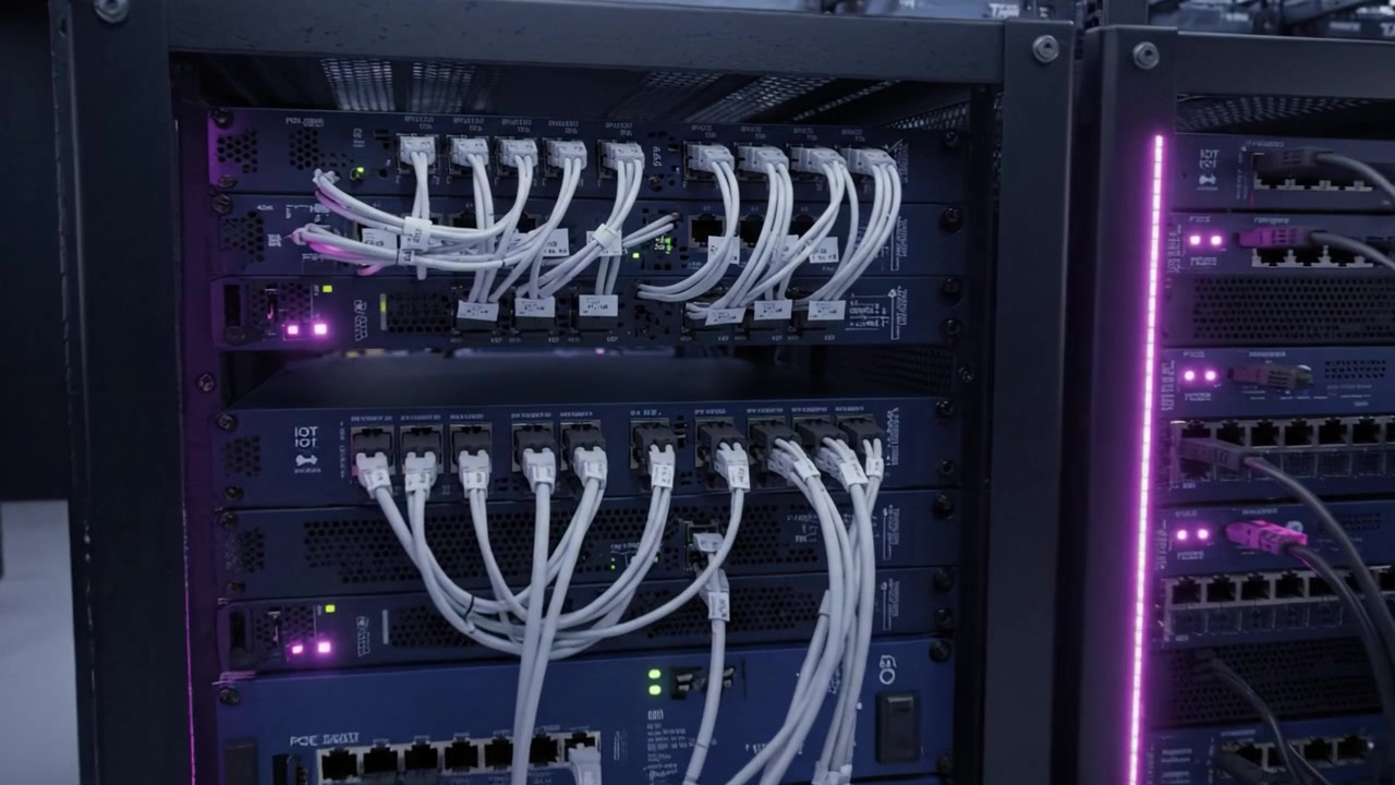 A High-Tech Data Center Displaying Server Racks with Complex Networking Cables and LED Lights, Showcasing Advanced Technology Infrastructure and Connectivity