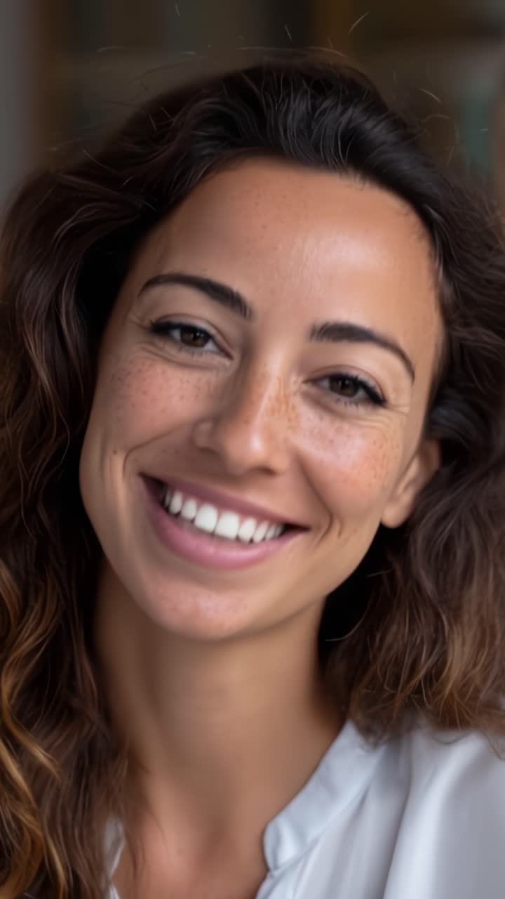 Un encuentro alegre: una mujer que irradia felicidad con una brillante sonrisa, mostrando su belleza natural y confianza en un ambiente cálido y acogedor.