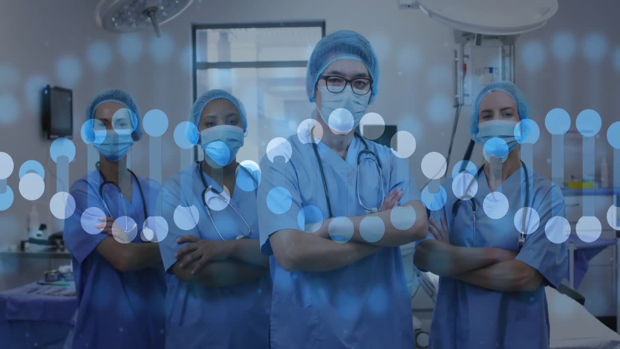 animación de la cadena de adn sobre diversos médicos con máscaras faciales