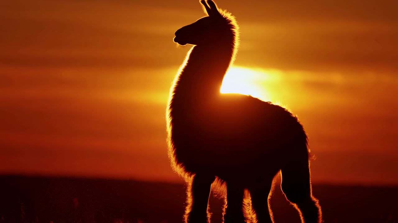 Side profile of single camelid silhouette standing on low horizon during vivid golden sunset, head turned left with tall neck and upright ears outlined by bright rim light above calm open landscape