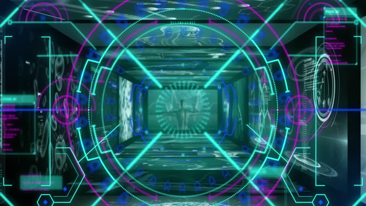 여러 의료 인터페이스 스크린에서 조명된 원과 선의 애니메이션