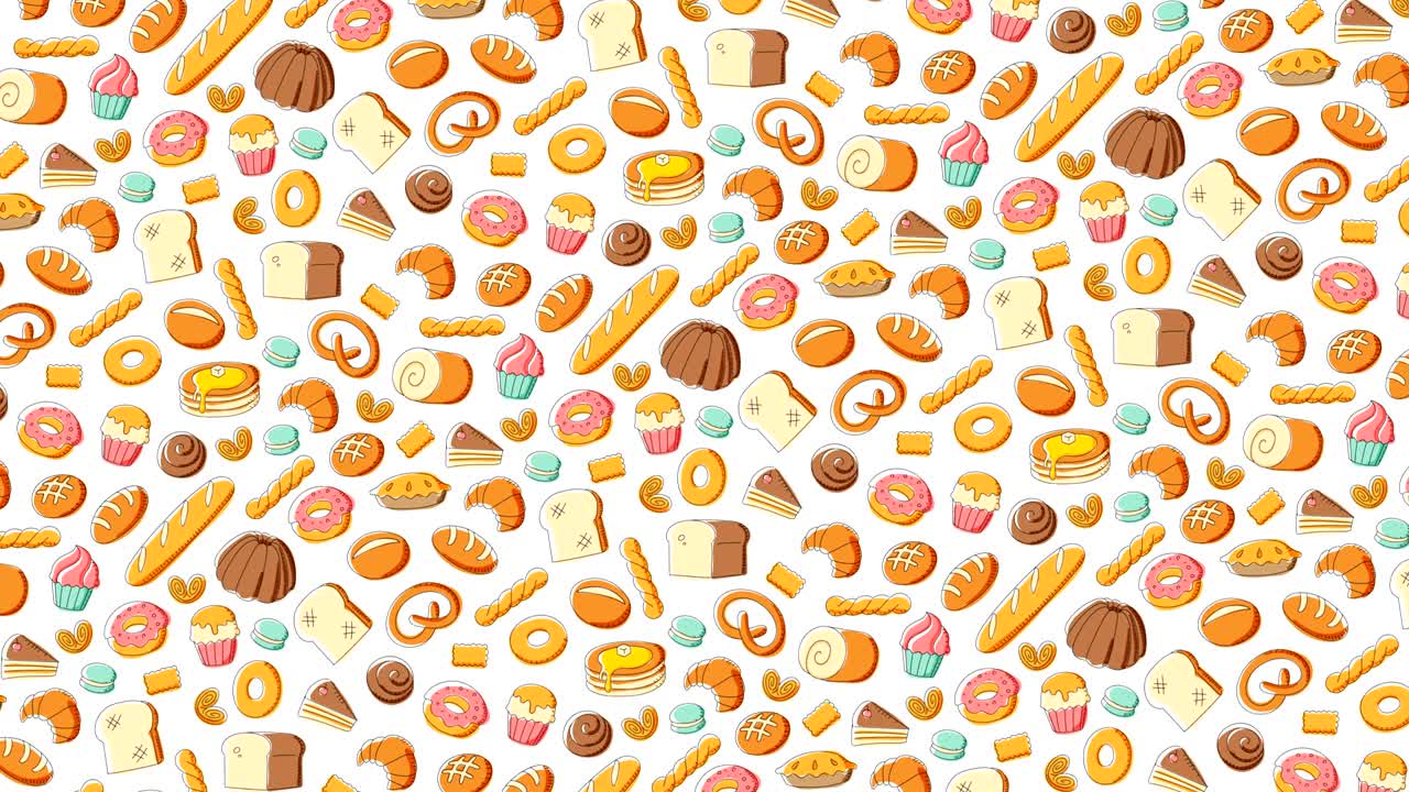 panadería en movimiento patrón giratorio fondo dibujos animados dibujo a mano ilustración aislada en fondo blanco animación de bucle sin costuras 4k