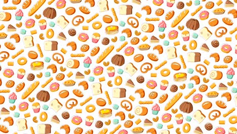panadería en movimiento patrón giratorio fondo dibujos animados dibujo a mano ilustración aislada en fondo blanco animación de bucle sin costuras 4k