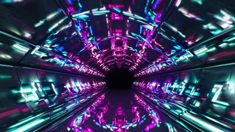 glowing neon lights illuminating a futuristic metallic tunnel create a mesmerizing journey through vibrant digital space, reflecting colors on smooth surfaces while leading into darkness