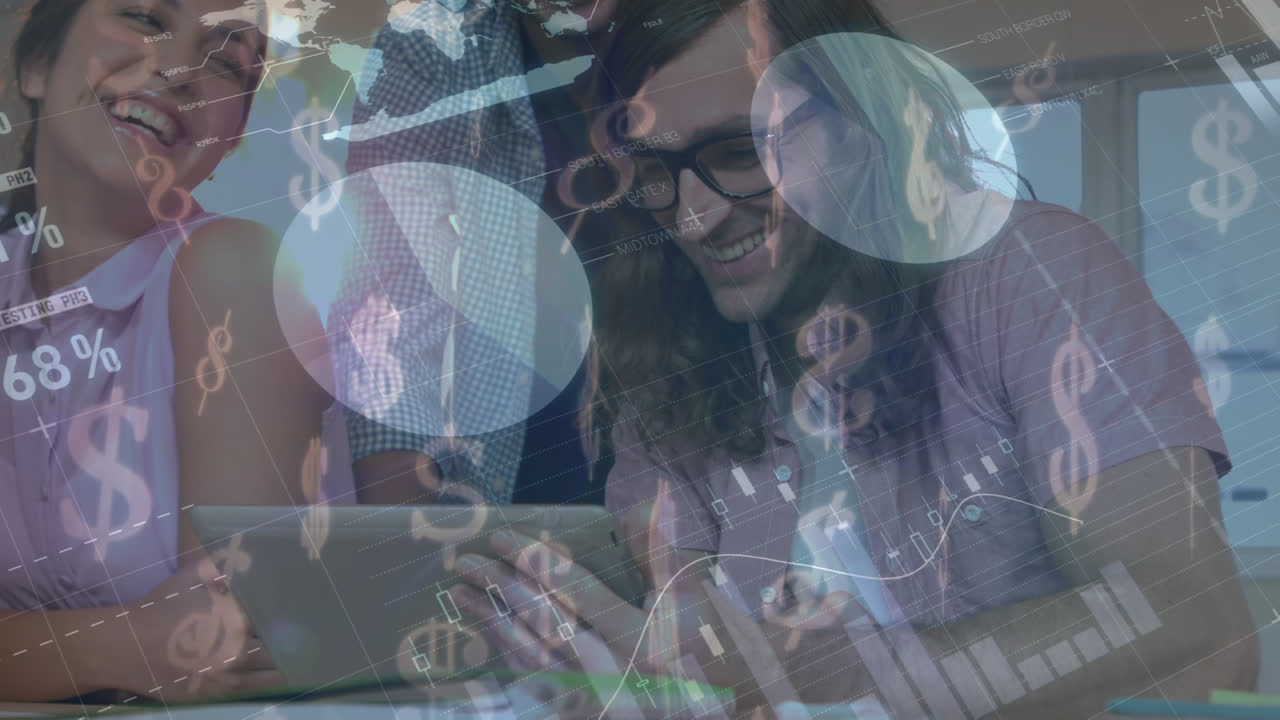 animação de diversos dados e gráficos sobre trabalhadores felizes e diversos do sexo feminino e masculino no escritório
