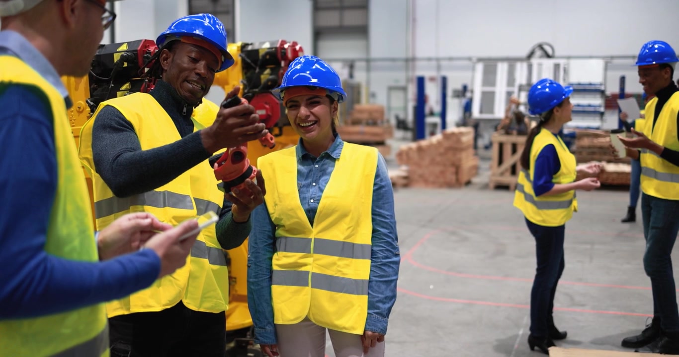 Diverse Engineering Team Discussing Robotic Arm Component in Factory