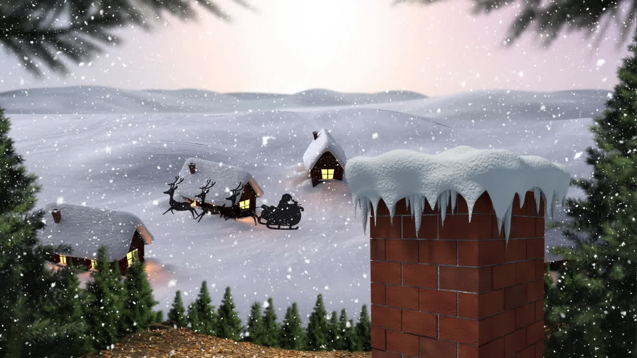 animación de nieve cayendo sobre santa claus en trineo con renos y paisaje navideño con casas