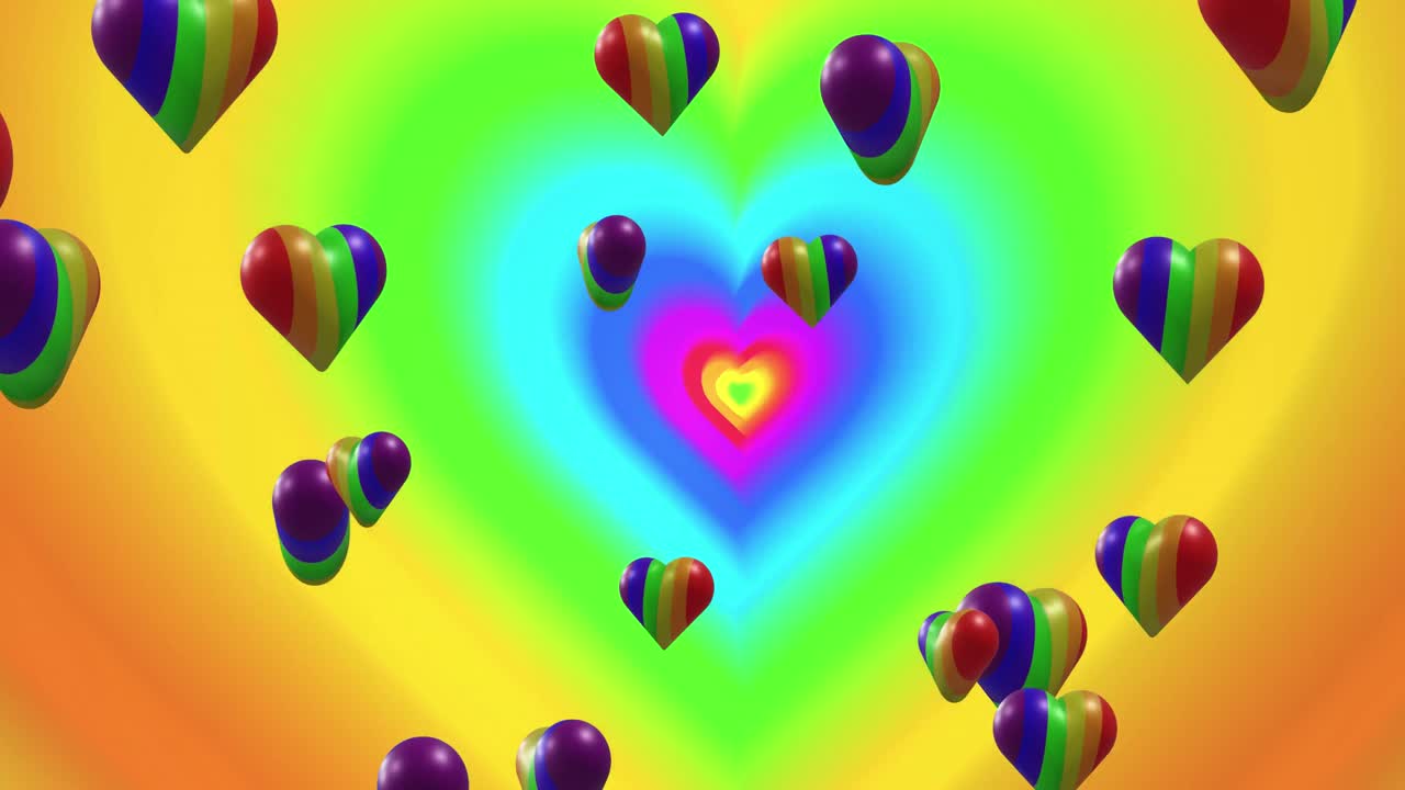 무지개 배경 위에 무지개 심장의 애니메이션
