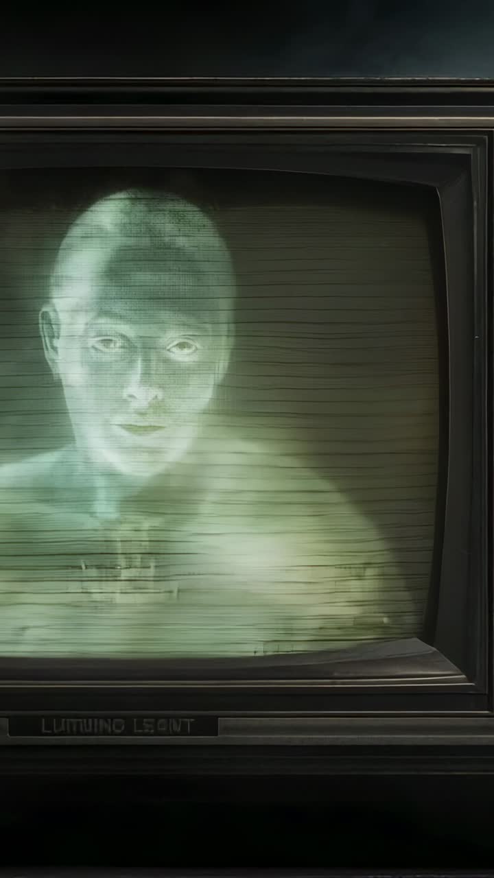 Vertical video: Powering CRT monitor flickering ghostly bust in dark room, scan lines drifting