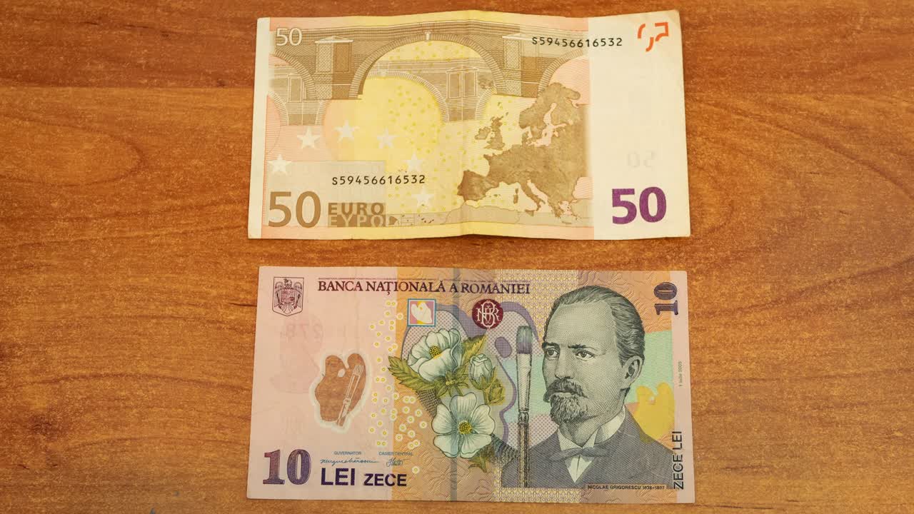 나무 책상 위 에 있는 유로 와 레이 의 스 모션 애니메이션