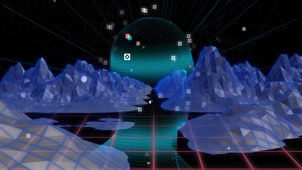 Dotted teal head silhouette floating over red grid floor, technology theme with floating data icons